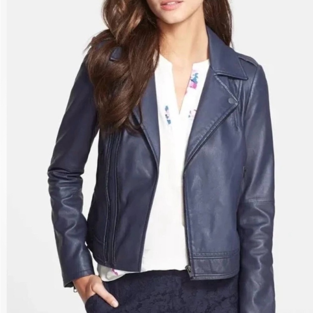 JOIE Caldine Moto Jacket Navy Blue Leather Zip Up Collared Women’s Size Medium